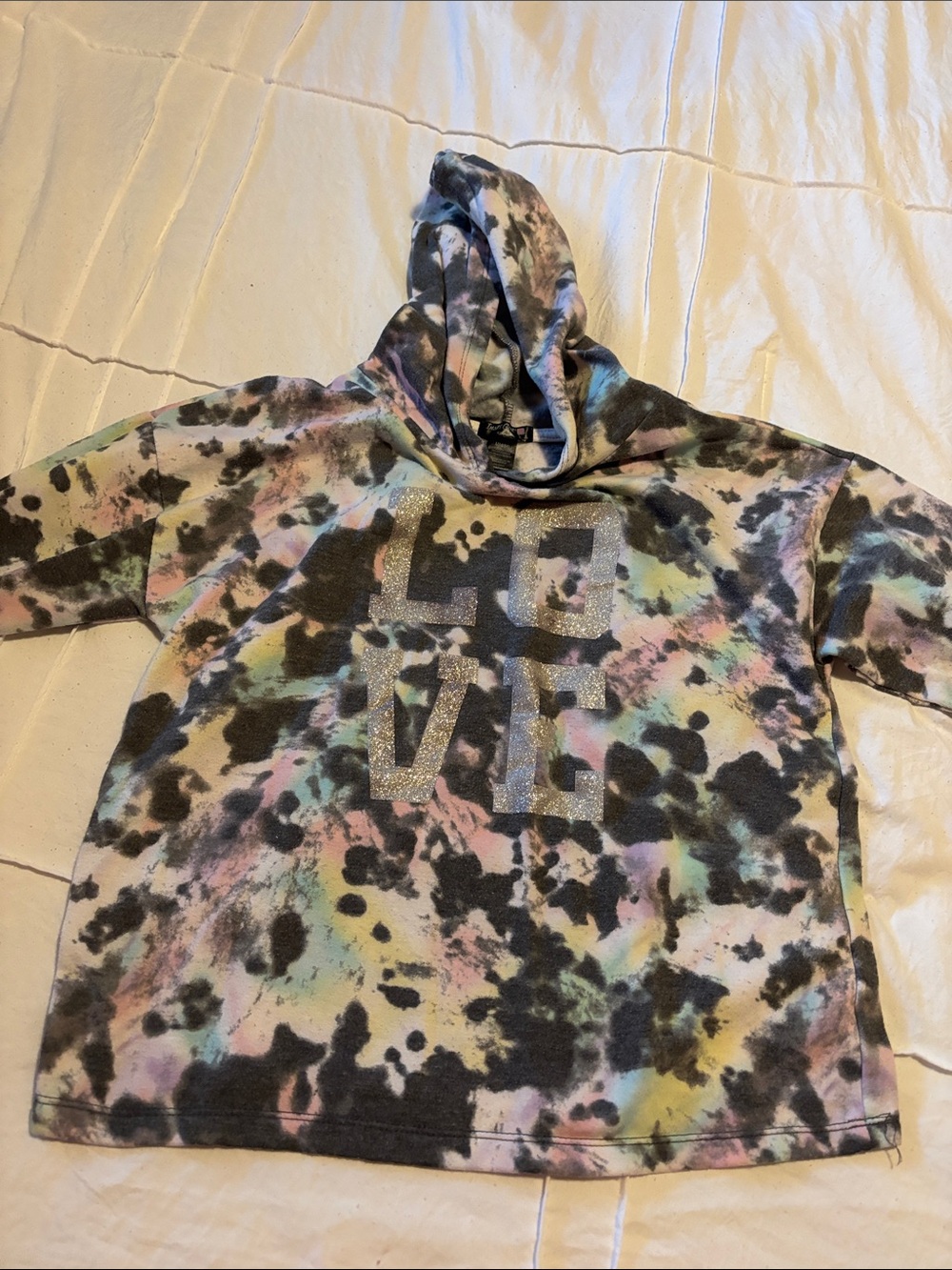 Girls' Tie-Dye Hooded Pullover with Glitter 'LOVE' Graphic
